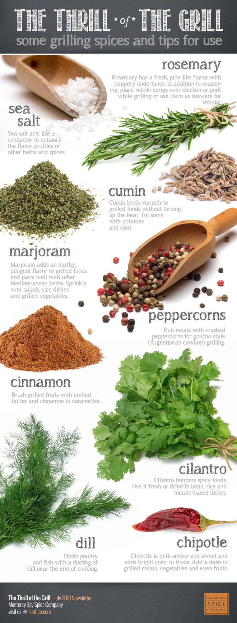 [ Info: Spices For Grilling ] Includes notes on: rosemary, cumin, marjoram, peppercorns, cinnamon, sea salt, cilantro, chipotle, and dill. ~ from Monterey Bay Herb Co