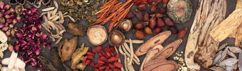 Various herbs and mushrooms, including ashwagandha and rose petals