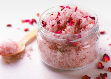 Dried rose petals can be added to natural skin scrubs for gentle exfoliation and extra scent.