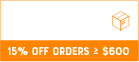 free shipping over $300, 15% off over $600