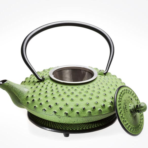 Cast iron tea pot 20oz, lime green w/matching trivet